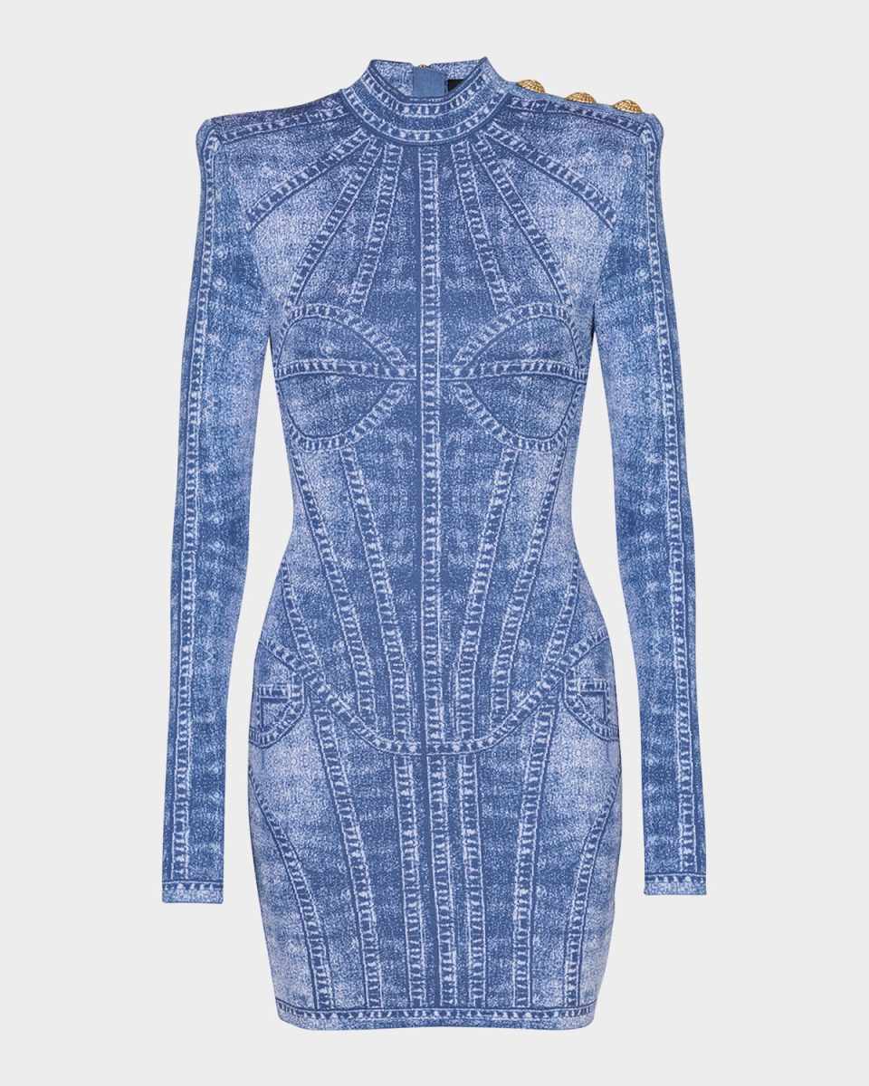 Denim Trompe Loeil Buttoned Shoulder Mini Dress